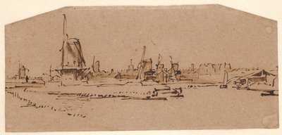 アムステルダムの西にある運河の風車のある風景 作： Rembrandt van Rijn