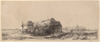 コテージと干し草の納屋のある風景: 横長 作： Rembrandt van Rijn