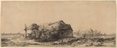コテージと干し草の納屋のある風景: 横長 作： Rembrandt van Rijn