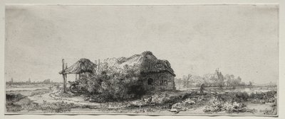 コテージと干し草の納屋のある風景: 横長 作： Rembrandt van Rijn