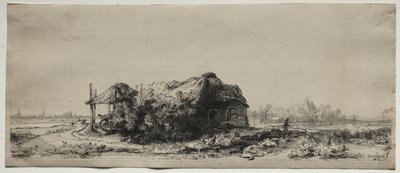 コテージと干し草の納屋のある風景: 横長 作： Rembrandt van Rijn
