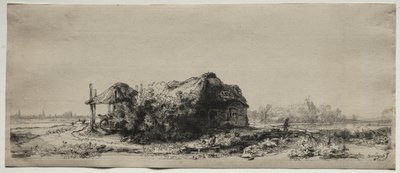 コテージと干し草の納屋のある風景：長方形、1641年。 作： Rembrandt van Rijn