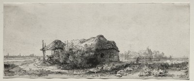 コテージと干し草の納屋のある風景：長方形、1641年。 作： Rembrandt van Rijn