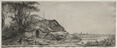 コテージと大きな木のある風景、1641年。 作： Rembrandt van Rijn