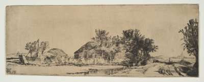 運河沿いの道路沿いの農家のある風景1652年。 作： Rembrandt van Rijn