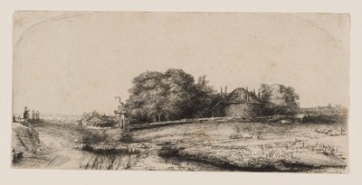干し草小屋と羊の群れのある風景 作： Rembrandt van Rijn