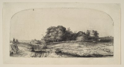 干し草の納屋と羊の群れのある風景、1652年。 作： Rembrandt van Rijn