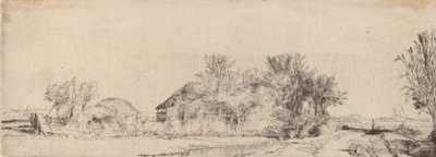 運河の横にある道路のある風景、c。 1652年。 作： Rembrandt van Rijn