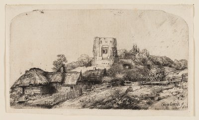 角塔のある風景 作： Rembrandt van Rijn