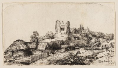 角塔のある風景 作： Rembrandt van Rijn