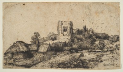 正方形の塔のある風景、1650年。 作： Rembrandt van Rijn