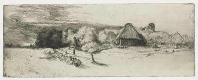 農家と「塔のある家」のある風景 作： Rembrandt van Rijn
