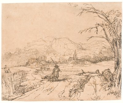 スポーツマンと犬たちが描かれた風景画 作： Rembrandt van Rijn