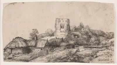 四角い塔のある風景 作： Rembrandt van Rijn