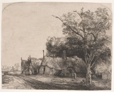 道路脇に切妻造りの 3 つのコテージがある風景 作： Rembrandt van Rijn