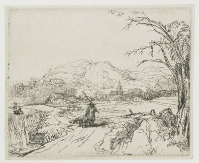羊飼いと犬たちが描かれた風景画（『小さな猟師』） 作： Rembrandt van Rijn