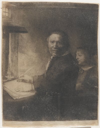リーベン・ウィレムス。 van Coppenol、著述家: 小さいプレート 作： Rembrandt van Rijn