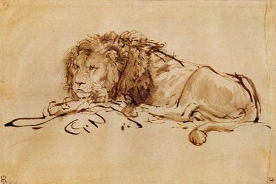 ライオン休憩（紙にペンとインク） 作： Rembrandt van Rijn