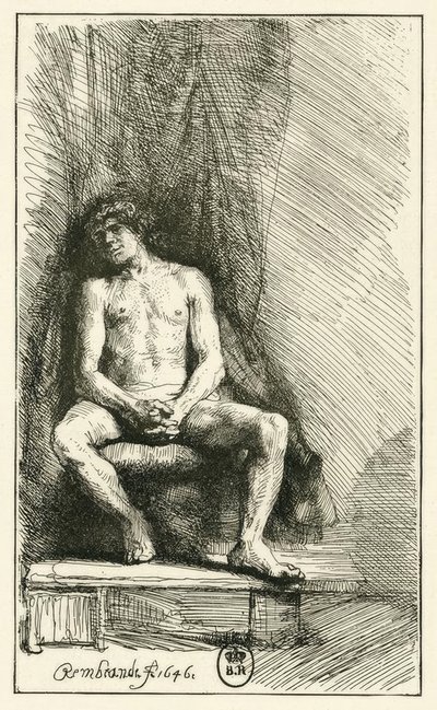 座っている男性のヌード 作： Rembrandt van Rijn