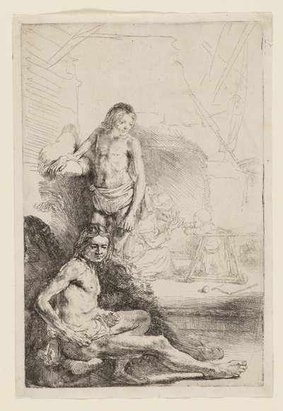 男性ヌード着席と立っています。 作： Rembrandt van Rijn