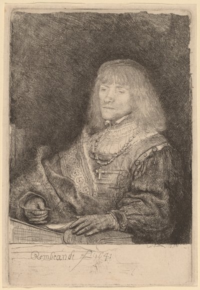 十字架と鎖をつけてデスクに向かう男性 作： Rembrandt van Rijn