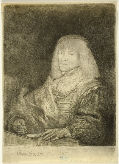 十字架と鎖をつけてデスクに向かう男性 作： Rembrandt van Rijn