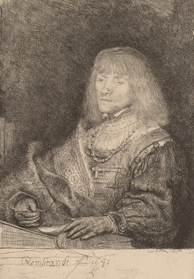 十字架と鎖をつけて机に向かう男、1641年。 作： Rembrandt van Rijn