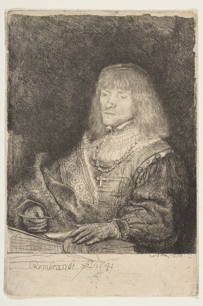 十字架と鎖をつけて机に向かう男、1641年。 作： Rembrandt van Rijn