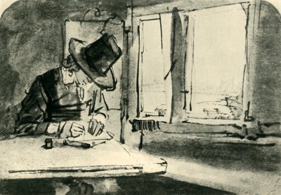 17世紀半ば、1943年に窓辺で絵を描く男。 作： Rembrandt van Rijn