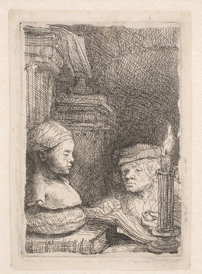 石膏像をモデルに絵を描く男性 作： Rembrandt van Rijn