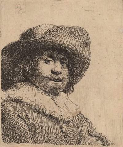 つば広帽子の男、おそらく1638年。 作： Rembrandt van Rijn
