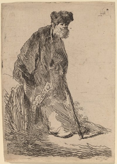 銀行に寄りかかるコートと毛皮の帽子をかぶった男 作： Rembrandt van Rijn