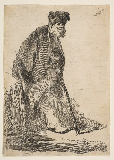 銀行に寄りかかるコートと毛皮の帽子をかぶった男、カリフォルニア州。 1630年。 作： Rembrandt van Rijn