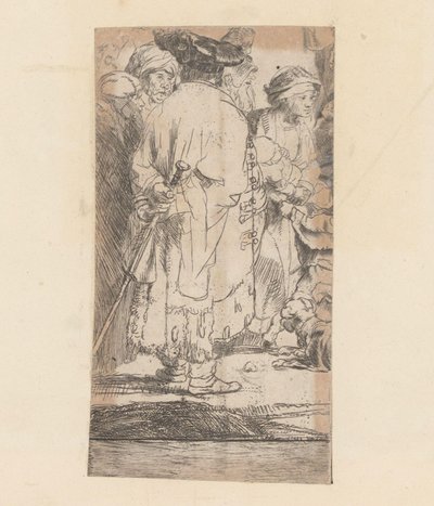 後ろから見たマントを着た男 ハンドレッド グルデン プリント 作： Rembrandt van Rijn