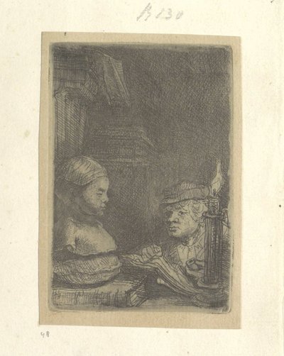 石膏模型を描く男性 Requeil de quatre-vingt-cinq estampes originales (シリーズタイトル) 作： Rembrandt van Rijn