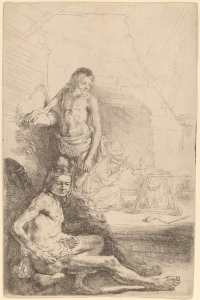 座っている裸の男性と立っている裸の男性、背景に女性と赤ちゃん 作： Rembrandt van Rijn