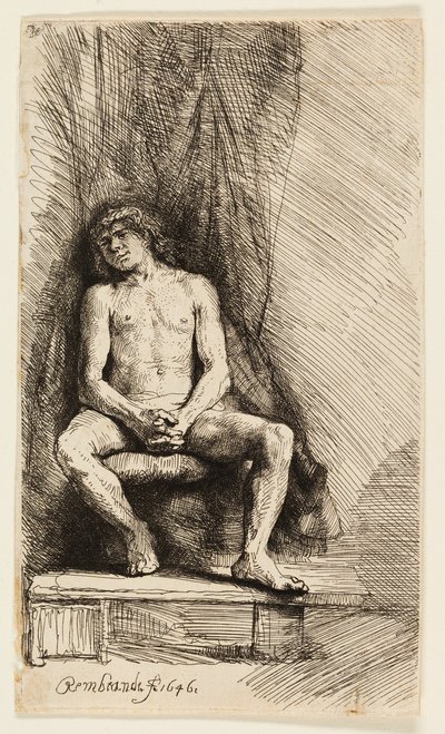 カーテンの前に座っている裸の男 作： Rembrandt van Rijn