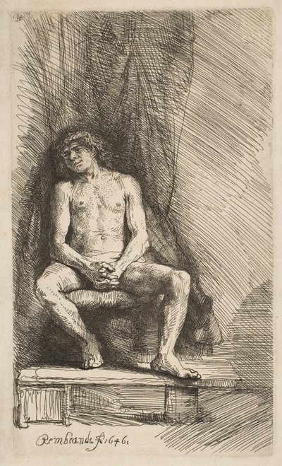 カーテンの前に座る裸の男、1646年。 作： Rembrandt van Rijn