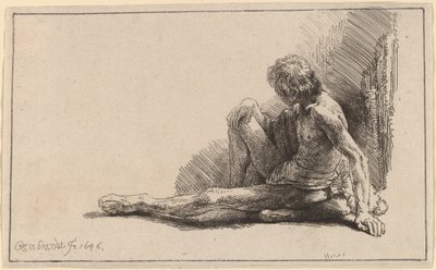 片足を伸ばして地面に座る裸の男 作： Rembrandt van Rijn