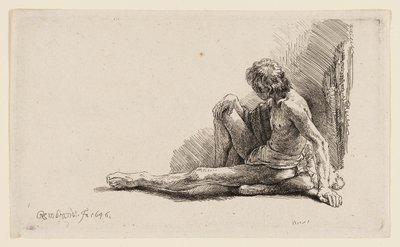 片足を伸ばして地面に座る裸の男 作： Rembrandt van Rijn