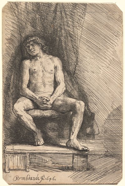 カーテンの前に座る裸体の男性（BB.46-Bi） 作： Rembrandt van Rijn