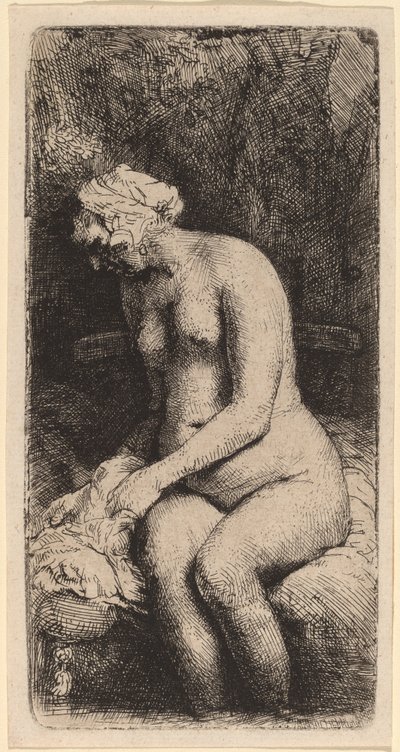 枕を持ってベンチに座る裸体 (小川で足を洗う女) 作： Rembrandt van Rijn