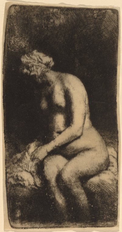 枕を持ってベンチに座る裸体 (小川で足を洗う女) 作： Rembrandt van Rijn