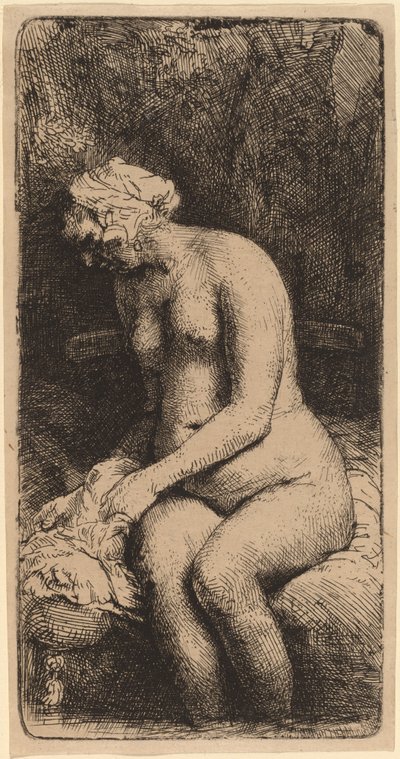 枕を持ってベンチに座る裸体 (小川で足を洗う女) 作： Rembrandt van Rijn