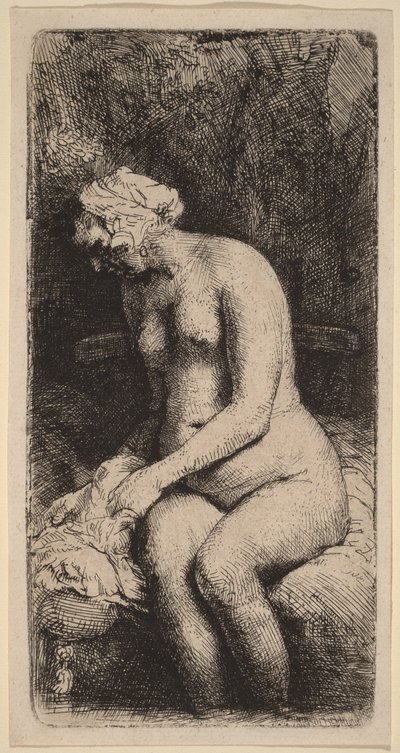 ベンチに枕を置いて座る裸婦（小川で足を洗う女性） 作： Rembrandt van Rijn