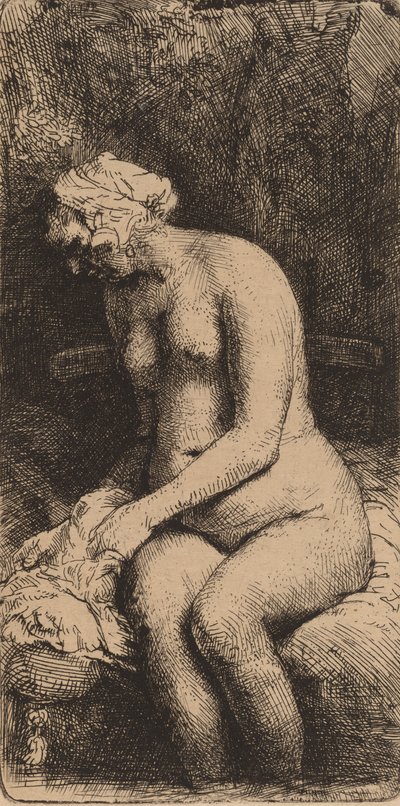 1658年、小川で足を洗っている枕の女性と一緒にベンチに座っている裸体。 作： Rembrandt van Rijn