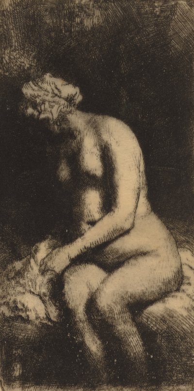 1658年、小川で足を洗っている枕を持つ女性と一緒にベンチに座っている裸体。 作： Rembrandt van Rijn