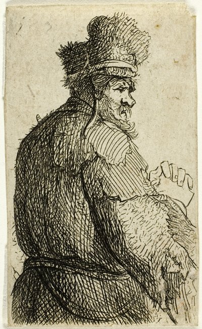 後ろから見た老人、横顔右：半身像 作： Rembrandt van Rijn