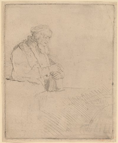 本に寄りかかって瞑想する老人 作： Rembrandt van Rijn