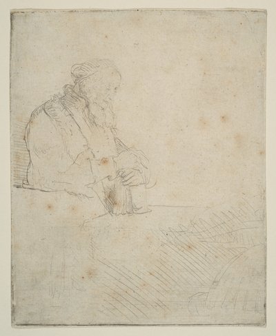 本に寄りかかって瞑想する老人 1645年。 作： Rembrandt van Rijn